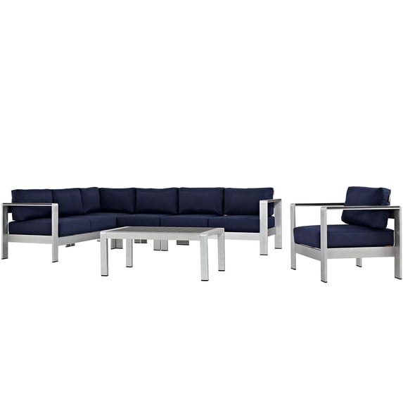 Modway Shore 6 Piece Outdoor Patio Aluminum Sectional Sofa Set in Silver Navy
