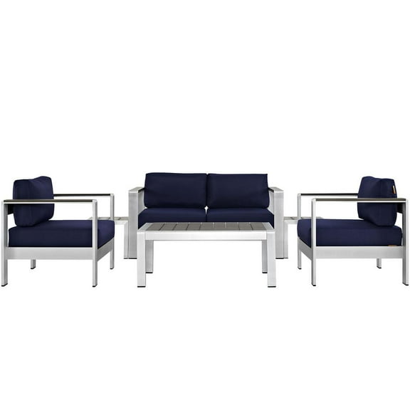 Modway Shore 6 Piece Outdoor Patio Aluminum Sectional Sofa Set in Silver Navy