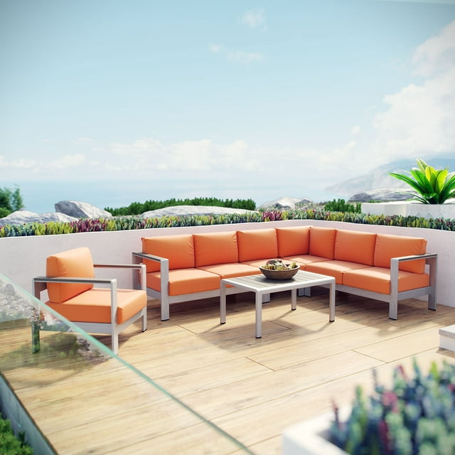 Modway Shore 6 Piece Outdoor Patio Aluminum Sectional Sofa Set in Silver Orange