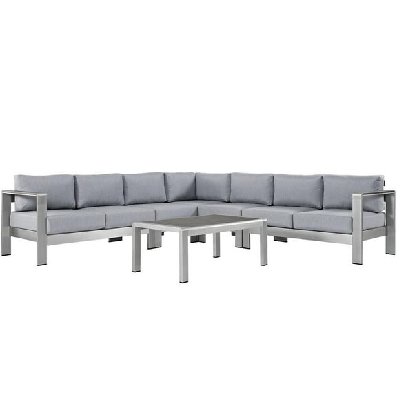 Modway Shore 6 Piece Outdoor Patio Aluminum Sectional Sofa Set in Silver Gray