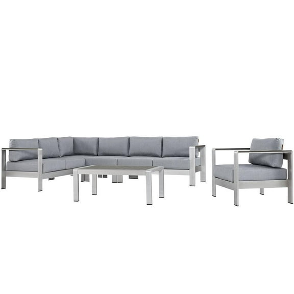 Modway Shore 6 Piece Outdoor Patio Aluminum Sectional Sofa Set in Silver Gray