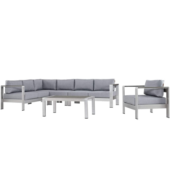 Modway Shore 6 Piece Outdoor Patio Aluminum Sectional Sofa Set in Silver Gray