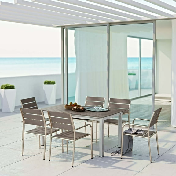 Modway Shore 7 Piece Outdoor Patio Aluminum Dining Set in Silver Gray