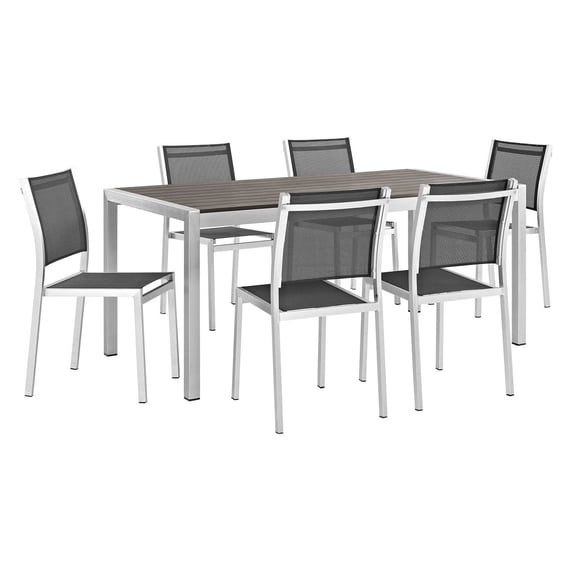 Modway Shore 7 Piece Outdoor Patio Aluminum Dining Set in Silver Black