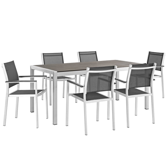 Modway Shore 7 Piece Outdoor Patio Aluminum Dining Set in Silver Black