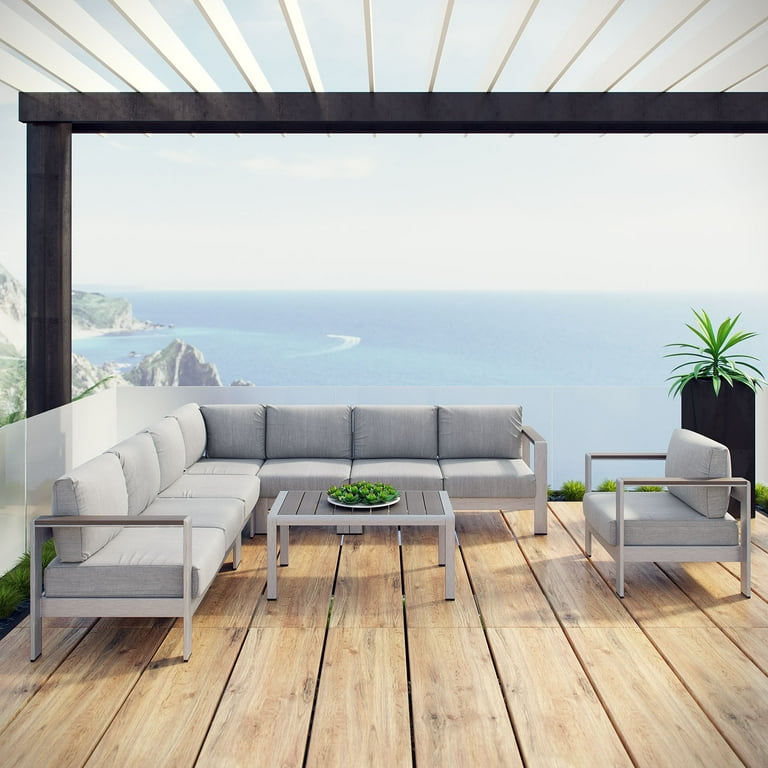 Modway Shore 7 Piece Outdoor Patio Aluminum Sectional Sofa Set in