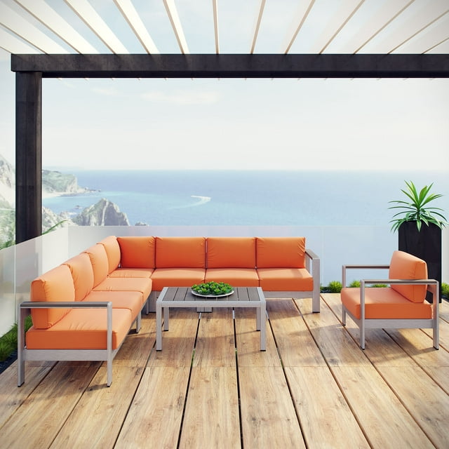 Modway Shore 7 Piece Outdoor Patio Aluminum Sectional Sofa Set in Silver Orange