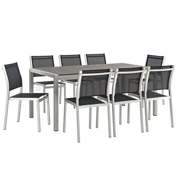 Modway Shore 9 Piece Outdoor Patio Aluminum Dining Set in Silver Black