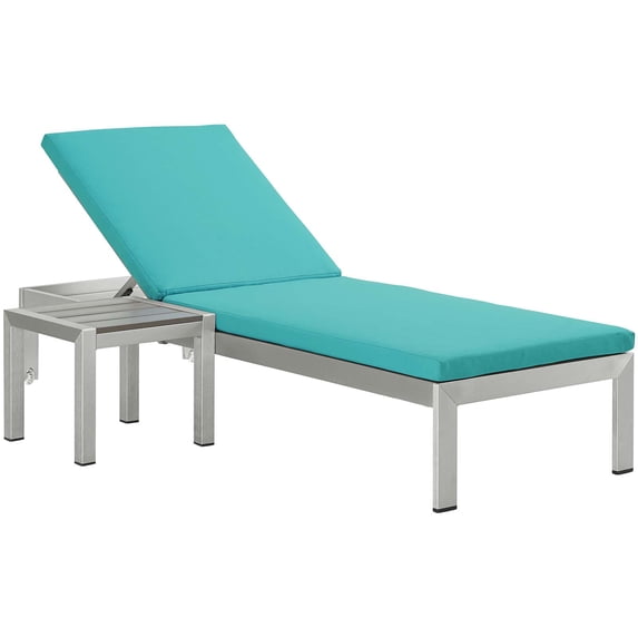 Modway Shore Chaise Lounge Chair and Side Table in Silver Black Turquoise