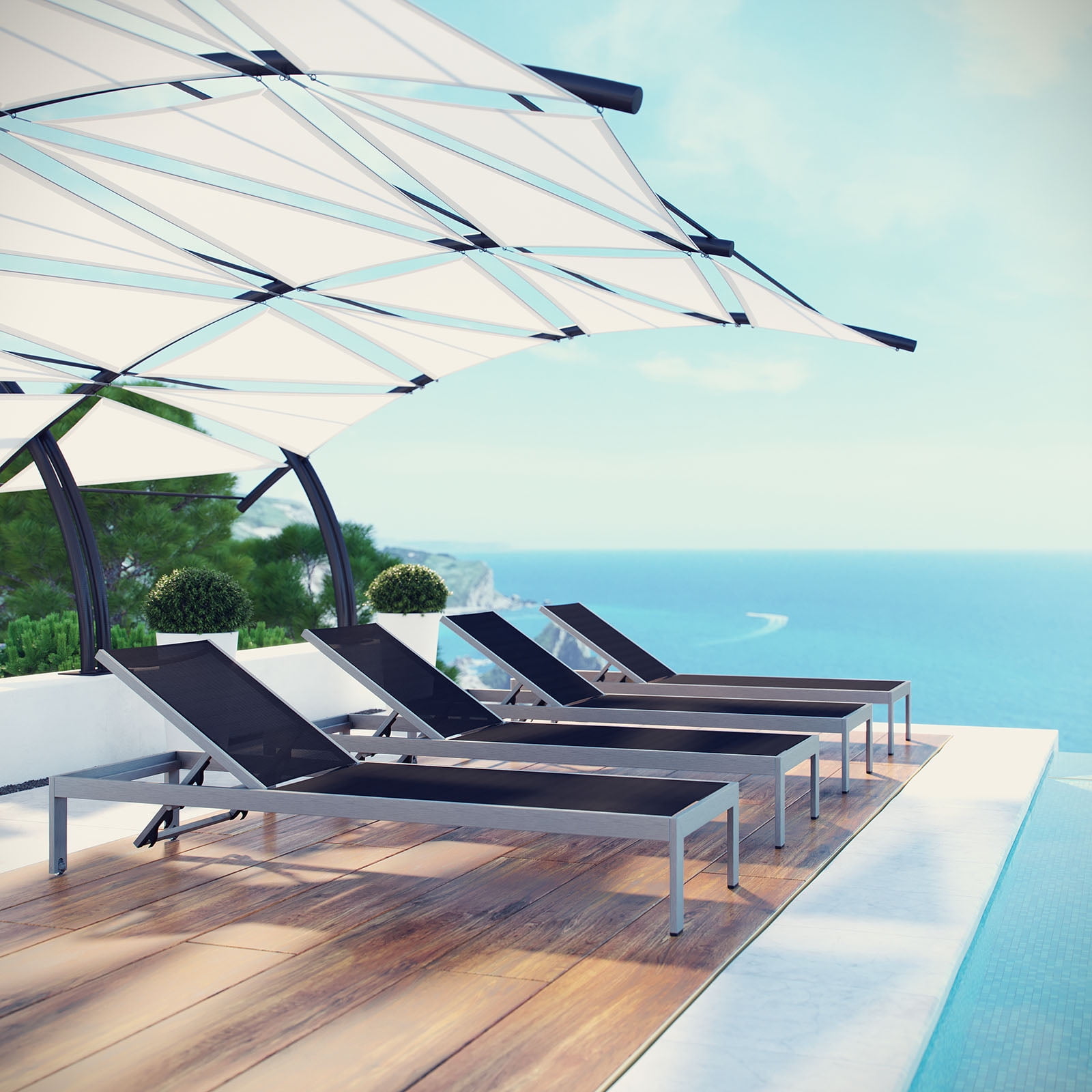 Silver Black Aluminum Outdoor Chaise Lounger with Mesh