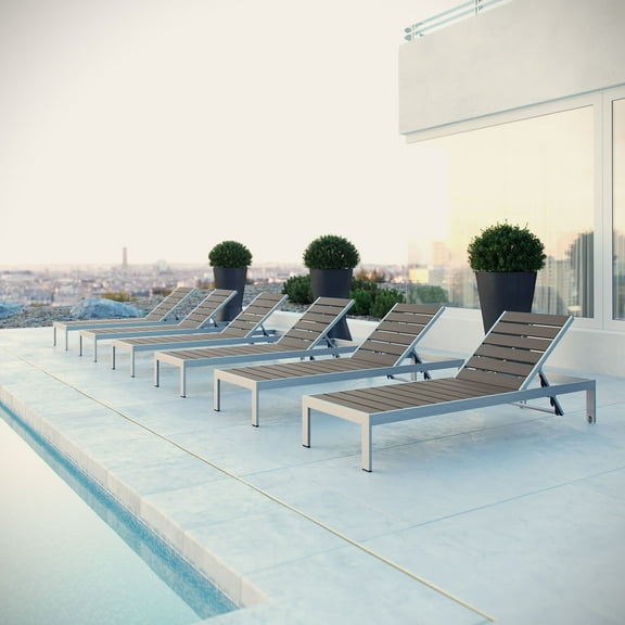 Modway Shore Chaise Outdoor Patio Aluminum Set of 6 in Silver Gray
