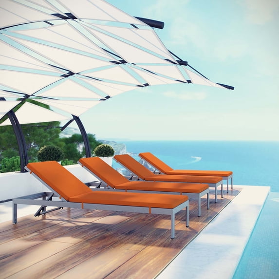 Modway Shore Chaise with Cushions Outdoor Patio Aluminum Set of 4 in Silver Orange