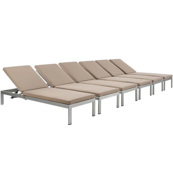 Modway Shore Chaise with Cushions Outdoor Patio Aluminum Set of 6 in Silver Mocha