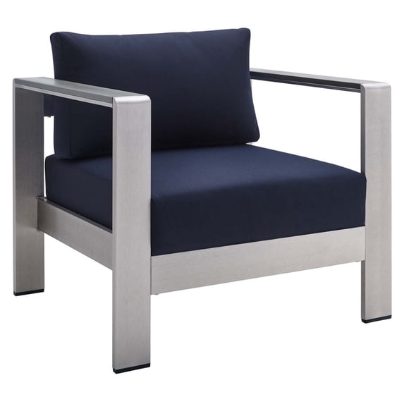 Modway Shore Fabric Aluminum Outdoor Patio Armchair in Silver Navy