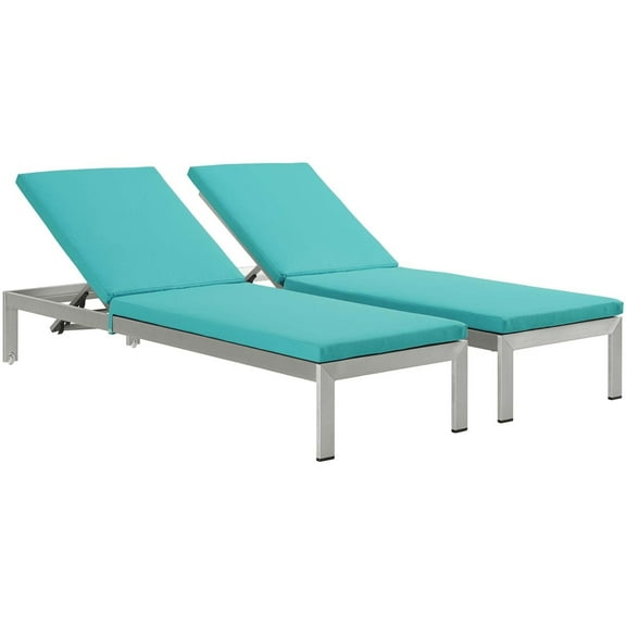 Modway Shore Chaise with Cushions Outdoor Patio Aluminum Set of 2 in Silver Turquoise