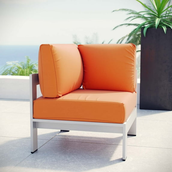 Modway Shore Outdoor Patio Aluminum Corner Sofa in Silver Orange