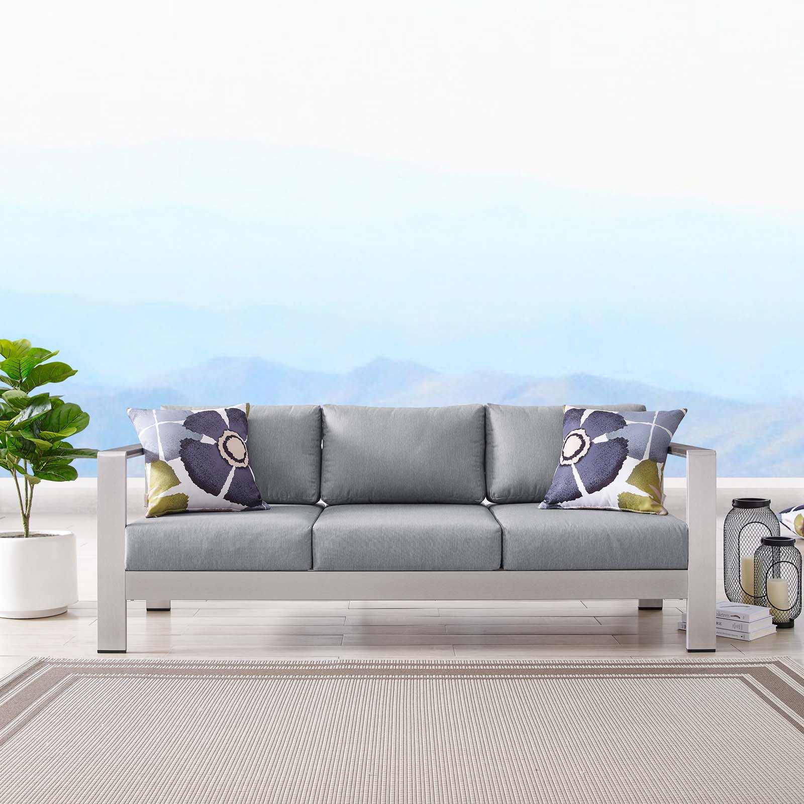 Silver Gray Aluminum Outdoor Patio Sofa with Cushions