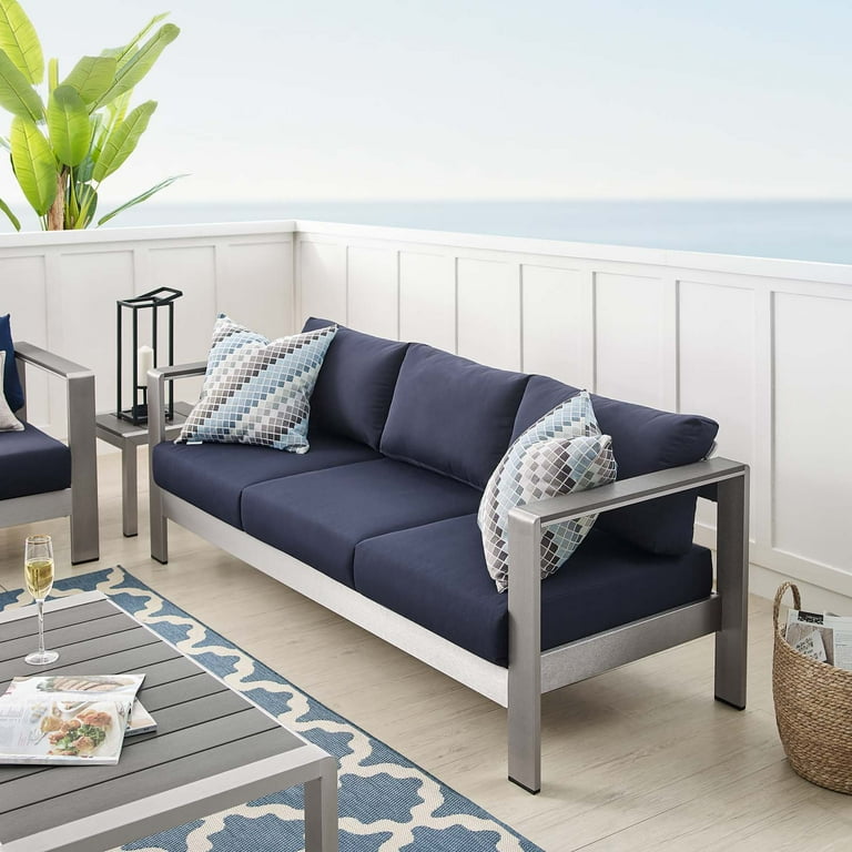 Modway Shore Sunbrella Fabric Aluminum Outdoor Patio Sofa in Silver Navy