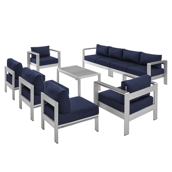 Modway Shore Sunbrella® Fabric Outdoor Patio Aluminum 8 Piece Sectional Sofa Set in Silver Navy