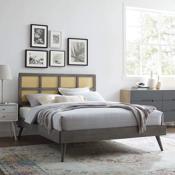 Modway Sidney Cane Rattan and Wood Full Platform Bed with Splayed Legs in Gray