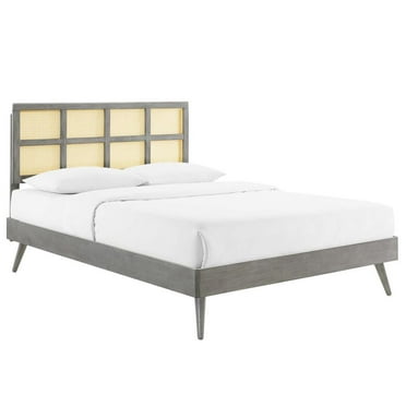 Modway Sidney Cane Rattan and Wood Full Platform Bed with Splayed Legs in Gray