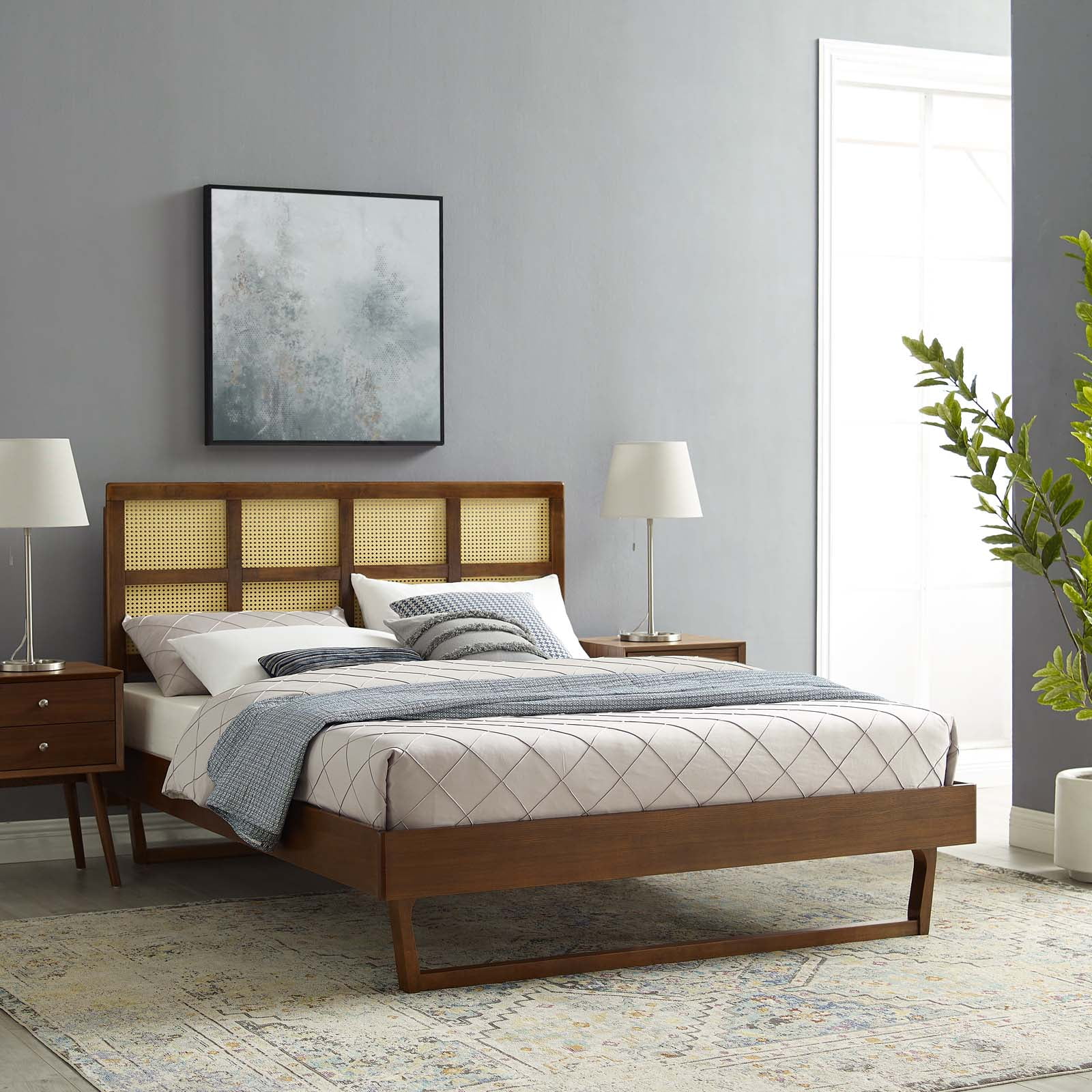 Sidney Walnut Queen Platform Bed with Cane Wood Headboard