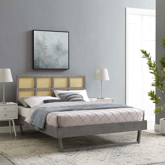 Modway Sidney Cane and Wood Full Platform Bed With Angular Legs in Gray