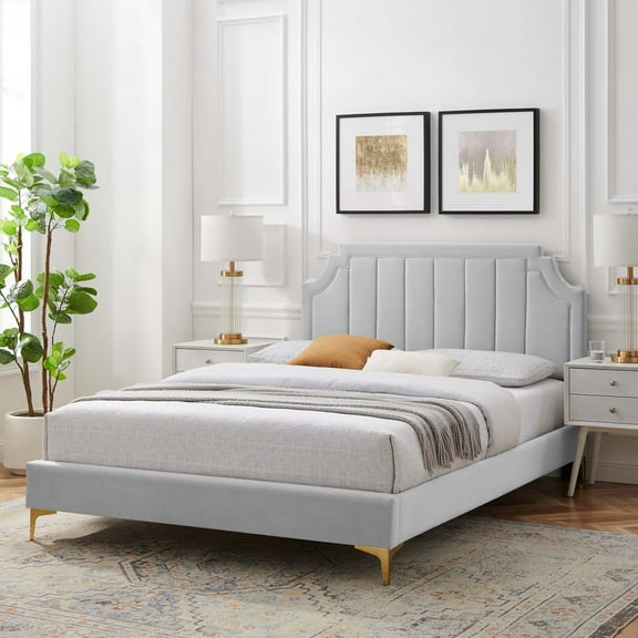 Modway Sienna Performance Velvet Full Platform Bed in Light Gray