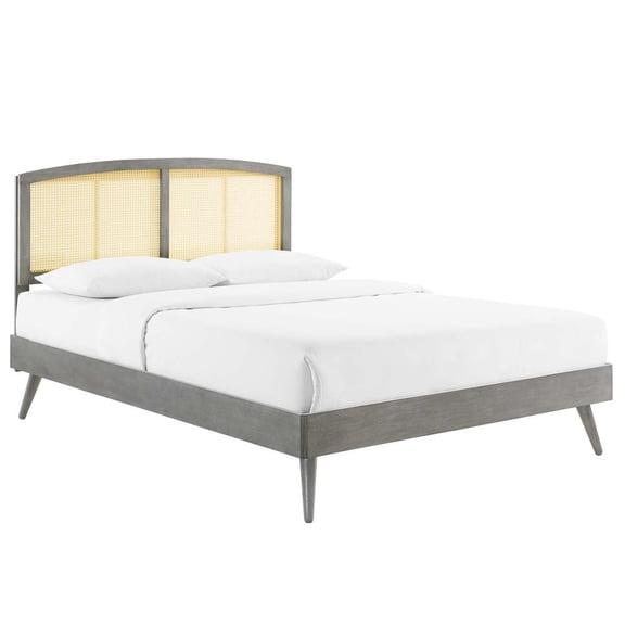Modway Sierra Cane Rattan and Wood Full Platform Bed with Splayed Legs in Gray