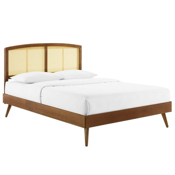 Modway Sierra Cane Rattan and Wood King Platform Bed with Splayed Legs in Walnut