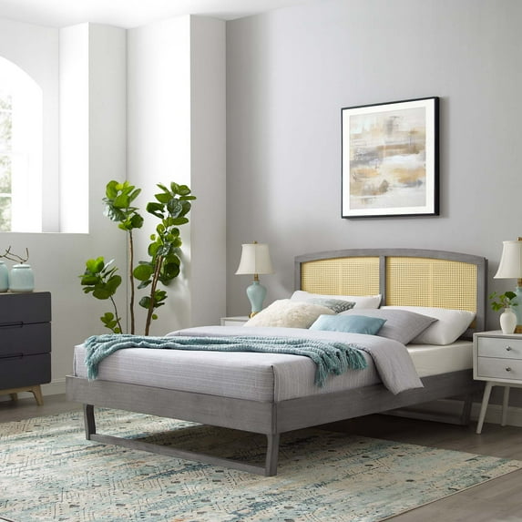 Modway Sierra Cane and Wood Full Platform Bed With Angular Legs in Gray
