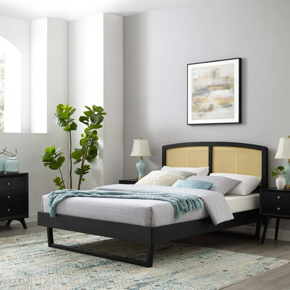 Modway Sierra Cane and Wood Queen Platform Bed With Angular Legs in Black