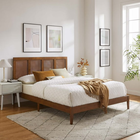 Modway Sirocco Adult King Modern Wood Rattan Platform Bed, Walnut