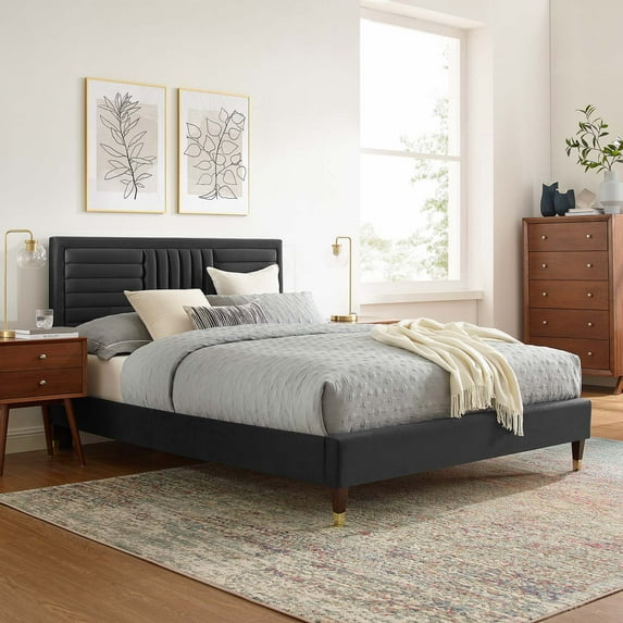 Modway Sofia Channel Tufted Performance Velvet Full Platform Bed in Charcoal
