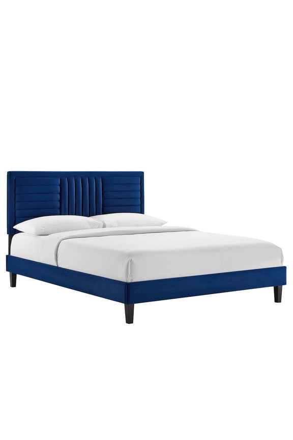Sofia Channel Tufted Performance Velvet Full Platform Bed in Navy