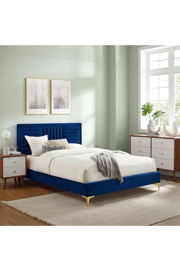 Sofia Channel Tufted Performance Velvet Queen Platform Bed in Navy