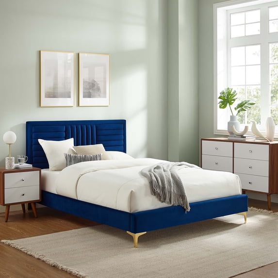 Modway Sofia Channel Tufted Performance Velvet Queen Platform Bed in Navy