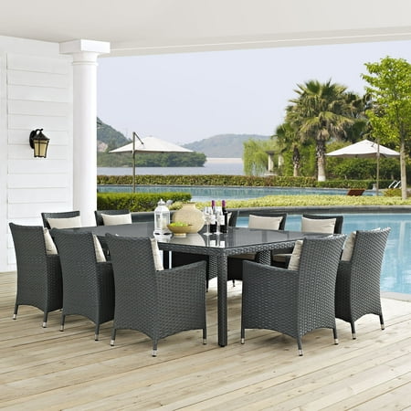 Modway Sojourn 11 Piece Outdoor Patio Sunbrella® Dining Set in Antique Canvas Beige