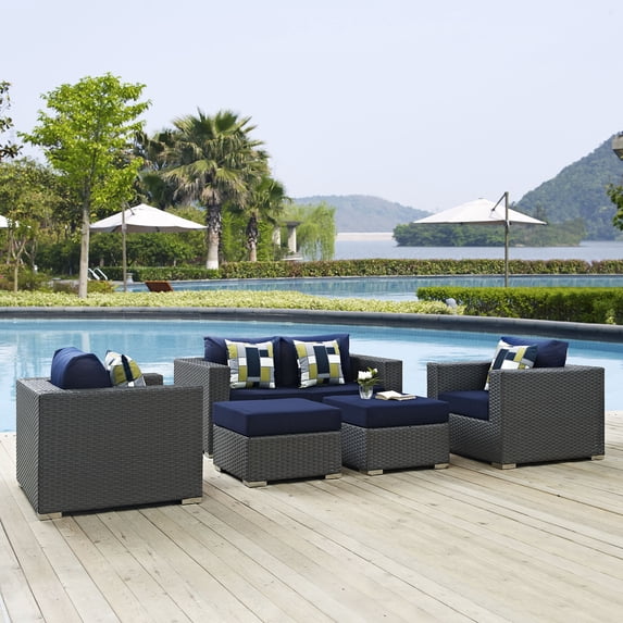 Modway Sojourn 5 Piece Outdoor Patio Sunbrella® Sectional Set in Canvas Navy
