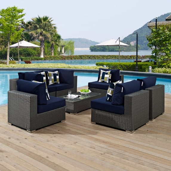 Modway Sojourn 7 Piece Outdoor Patio Sunbrella? Sectional Set in Canvas Navy