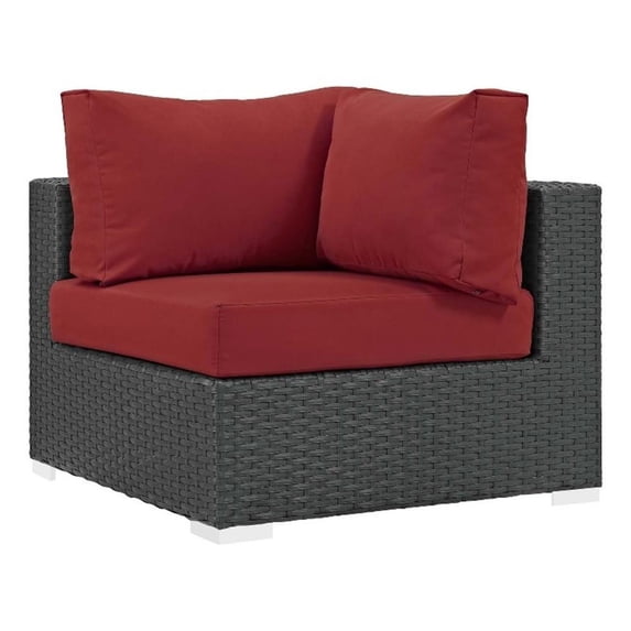Modway Sojourn Aluminum Fabric and Rattan Patio Corner Sofa Chair in Canvas/Red