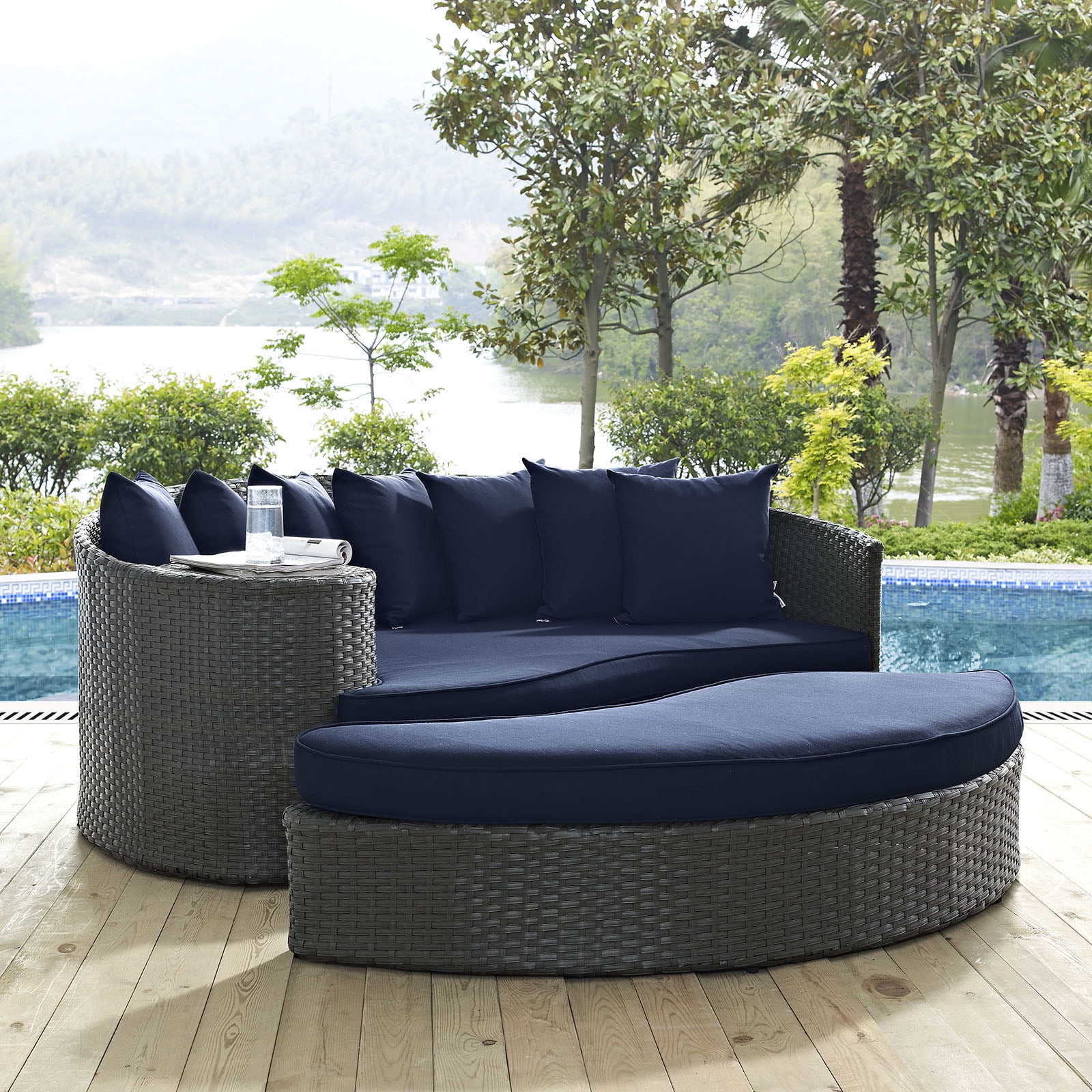 Canvas Navy Aluminum and Rattan Outdoor Daybed