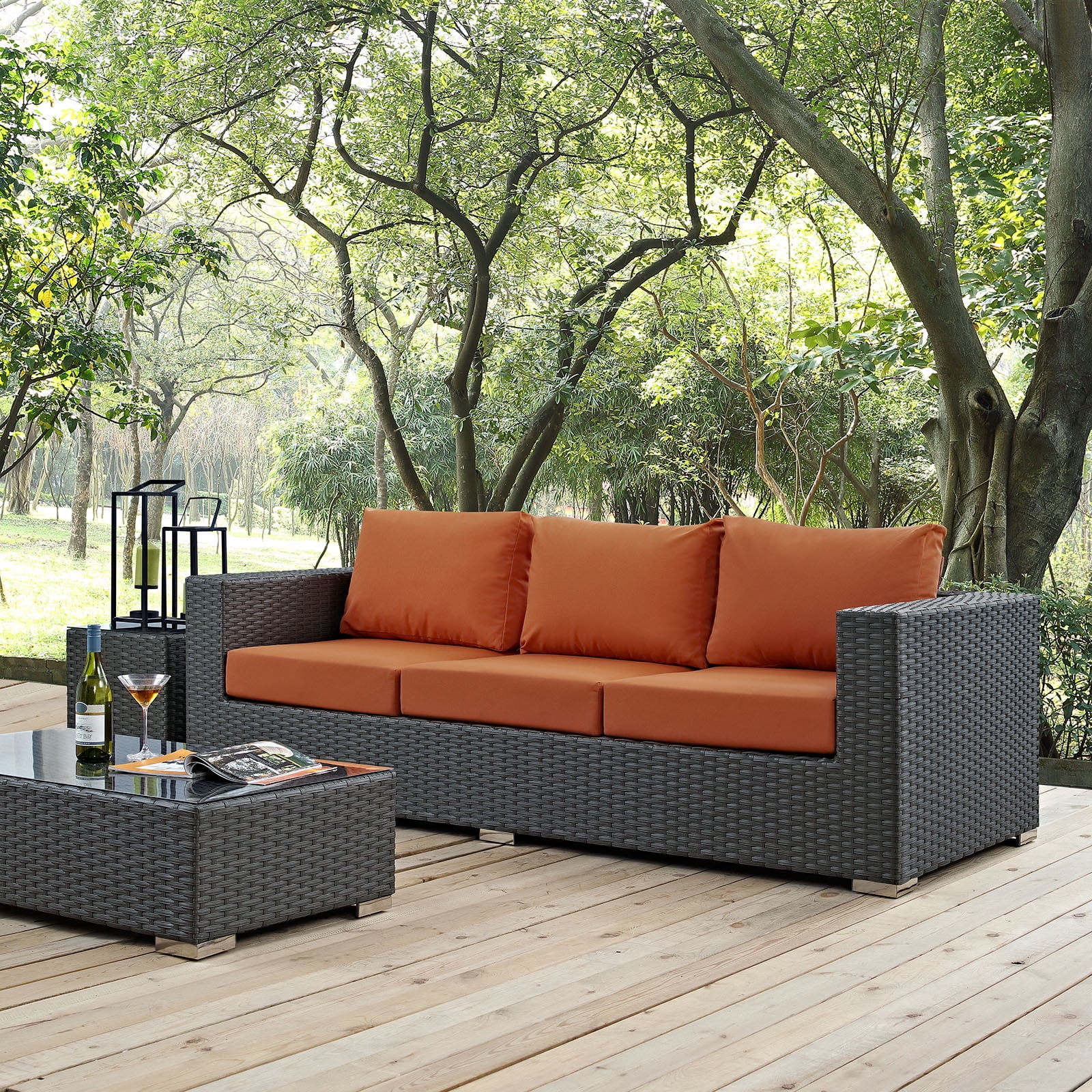 Gray Wicker Outdoor Sectional Sofa with Tuscan Sunbrella Cushions