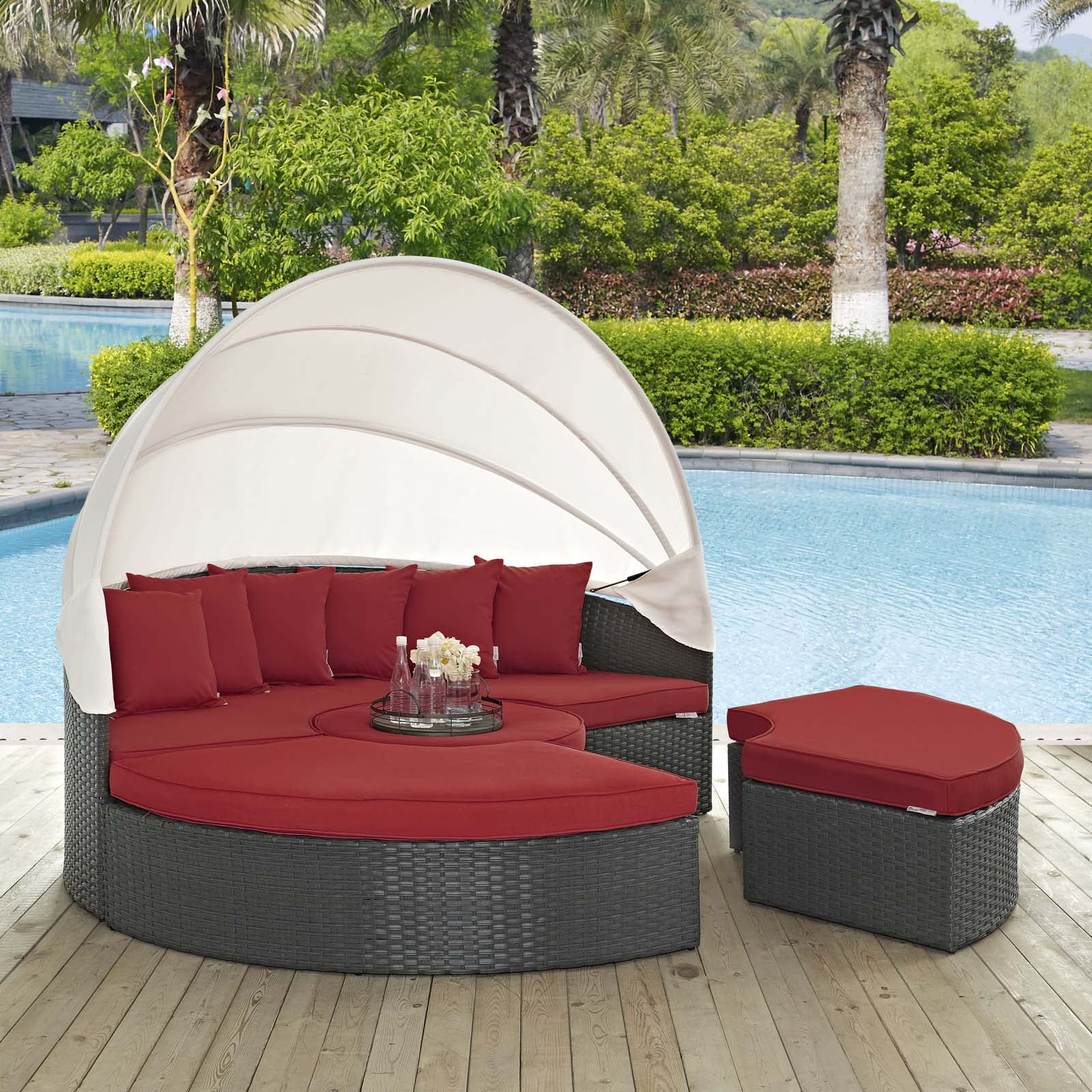 Red Canvas Sunbrella Outdoor Patio Daybed with Canopy