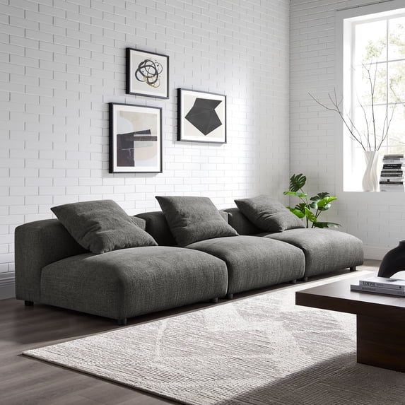 Modway Solace 3-Piece Modular Upholstered Fabric Sofa in Charcoal