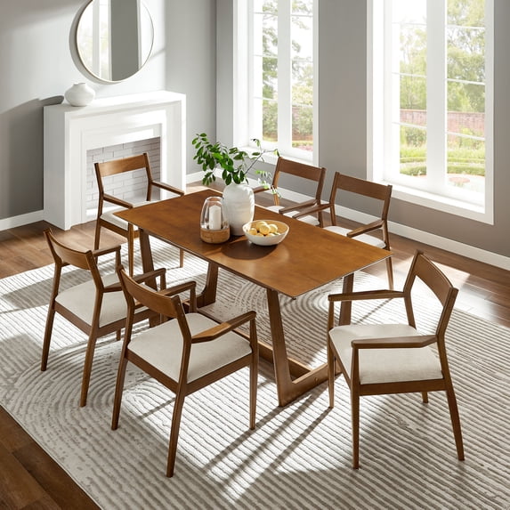 Modway Solara 7-Piece Wood Dining Set with Fabric Upholstered Armchairs in Walnut Heathered Weave Beige