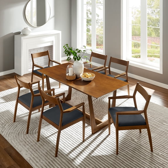 Modway Solara 7-Piece Wood Dining Set with Vegan Leather Armchairs in Walnut Black