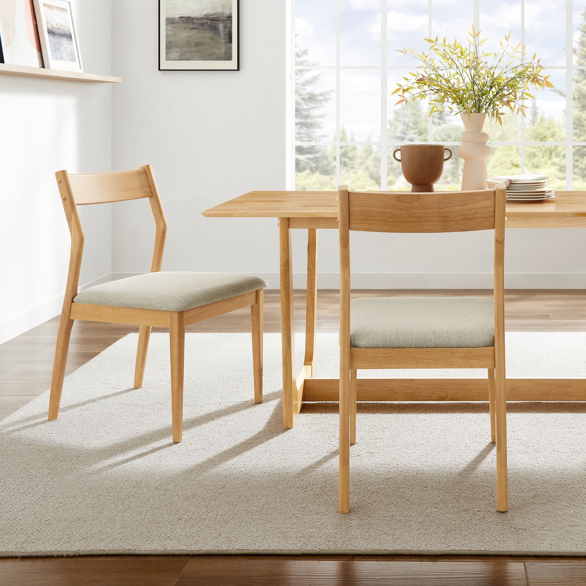 Natural Wood and Beige Upholstered Side Chair with Slat Back
