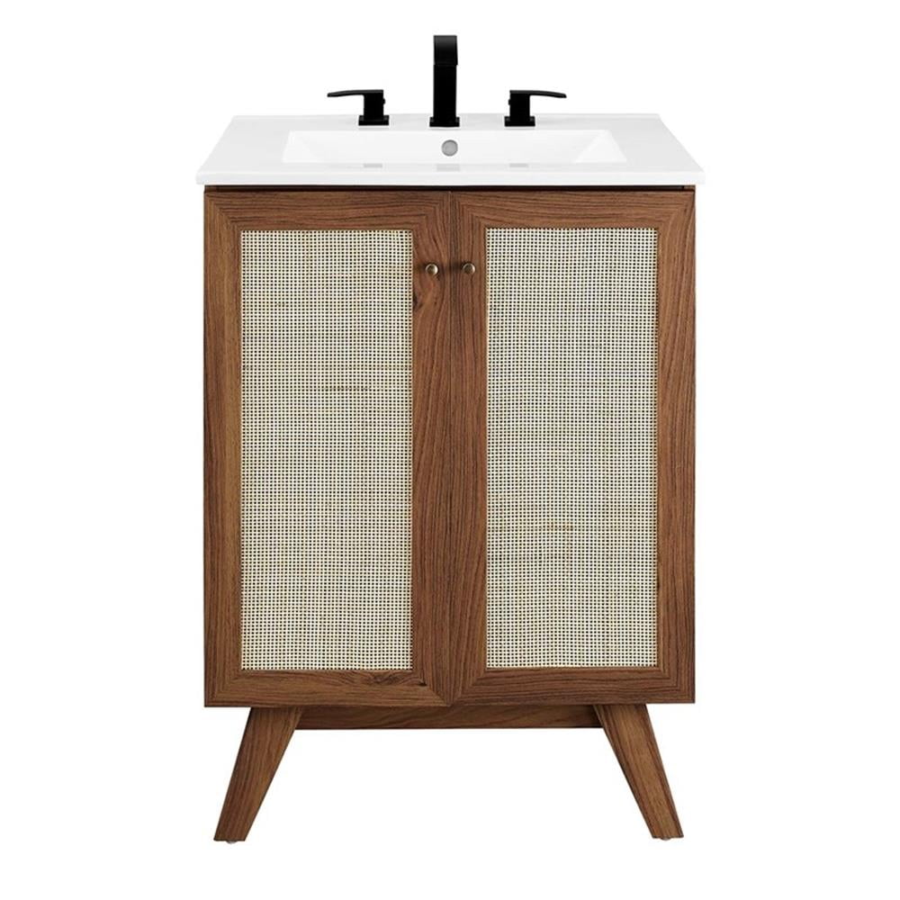 Soma 24.5'' Walnut and White Rattan Bathroom Vanity