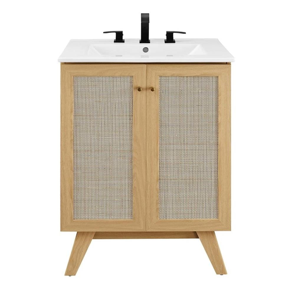 Soma 24" Oak and White Freestanding Bathroom Vanity with Rattan Detail
